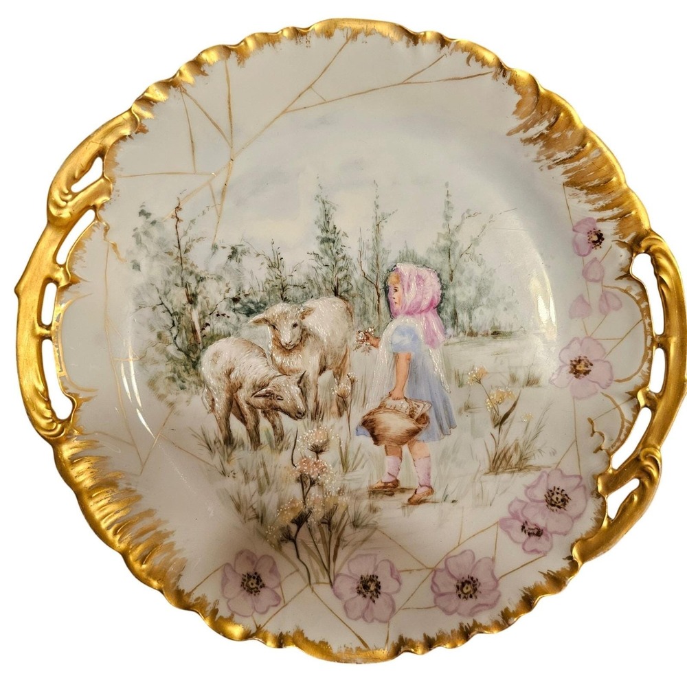 Haviland Limoges CFH GDM Antique Hand Painted Girl with Lambs Plate 11.5"